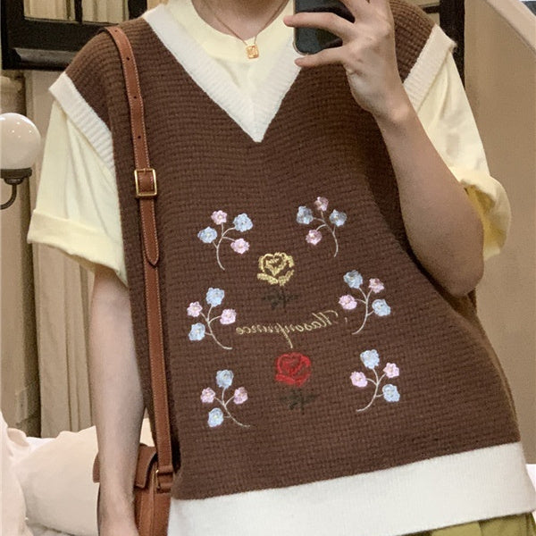 Vintage Small Flower Embroidery Knitted Vest Women