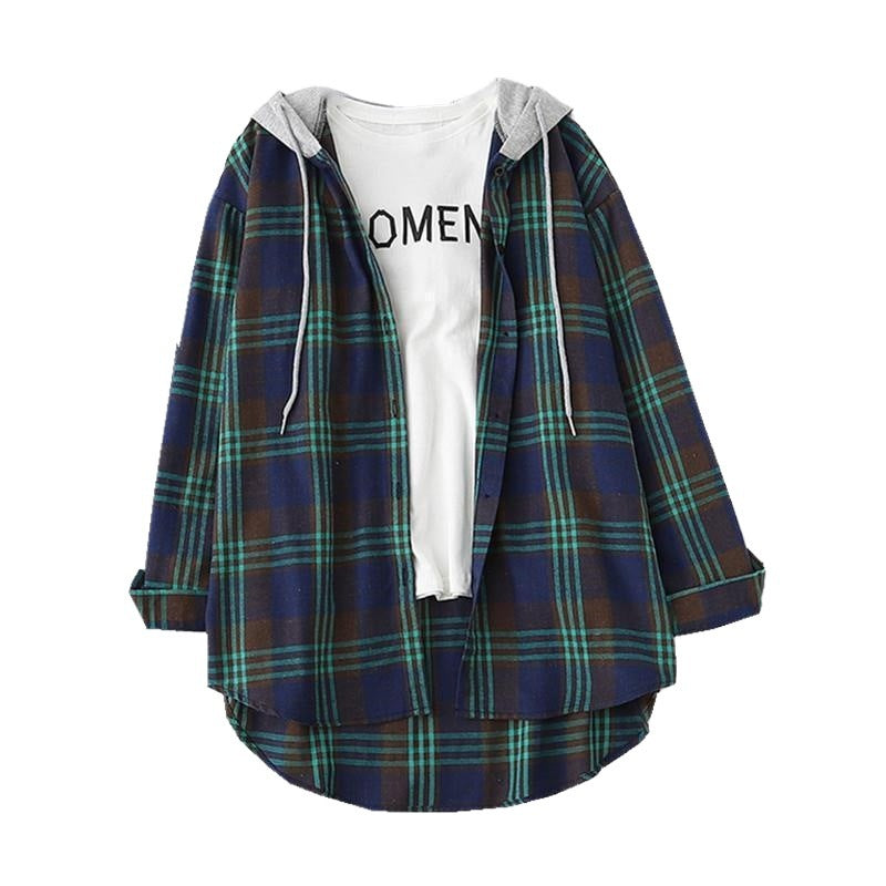 Retro Hong Kong Style Springsummer Autumn Plaid Shirt Women's Loose And Hooded Cardigan Coat