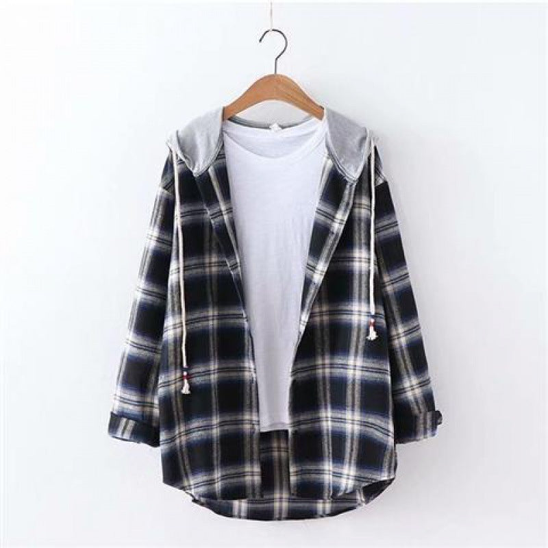 Retro Hong Kong Style Springsummer Autumn Plaid Shirt Women's Loose And Hooded Cardigan Coat