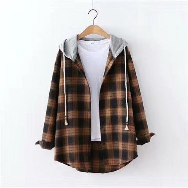 Retro Hong Kong Style Springsummer Autumn Plaid Shirt Women's Loose And Hooded Cardigan Coat