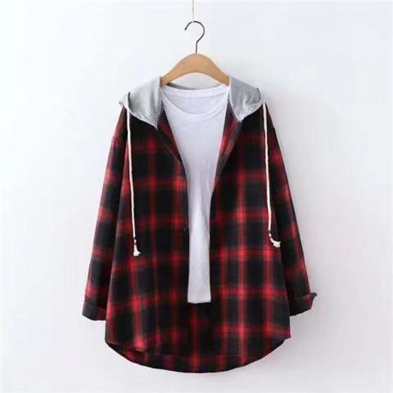 Retro Hong Kong Style Springsummer Autumn Plaid Shirt Women's Loose And Hooded Cardigan Coat