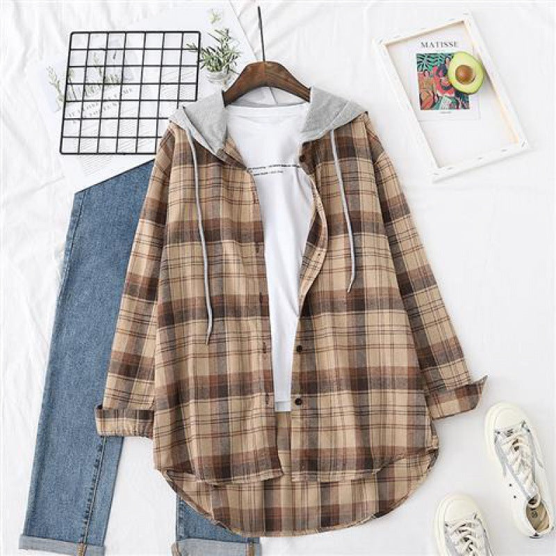Retro Hong Kong Style Springsummer Autumn Plaid Shirt Women's Loose And Hooded Cardigan Coat