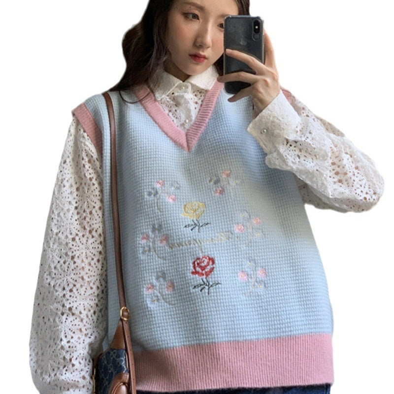 Vintage Small Flower Embroidery Knitted Vest Women