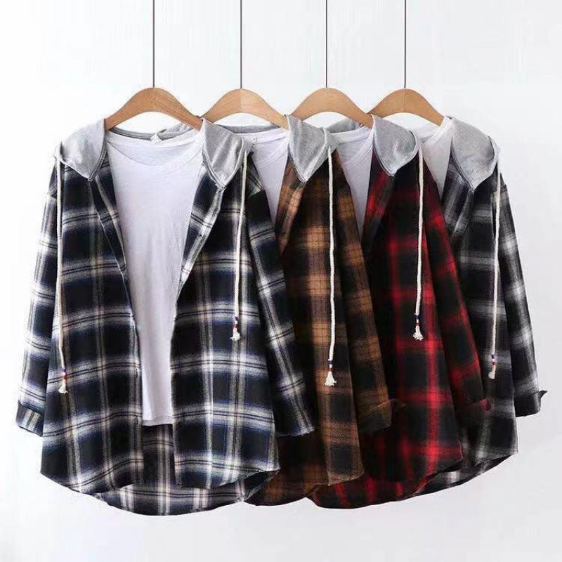 Retro Hong Kong Style Springsummer Autumn Plaid Shirt Women's Loose And Hooded Cardigan Coat