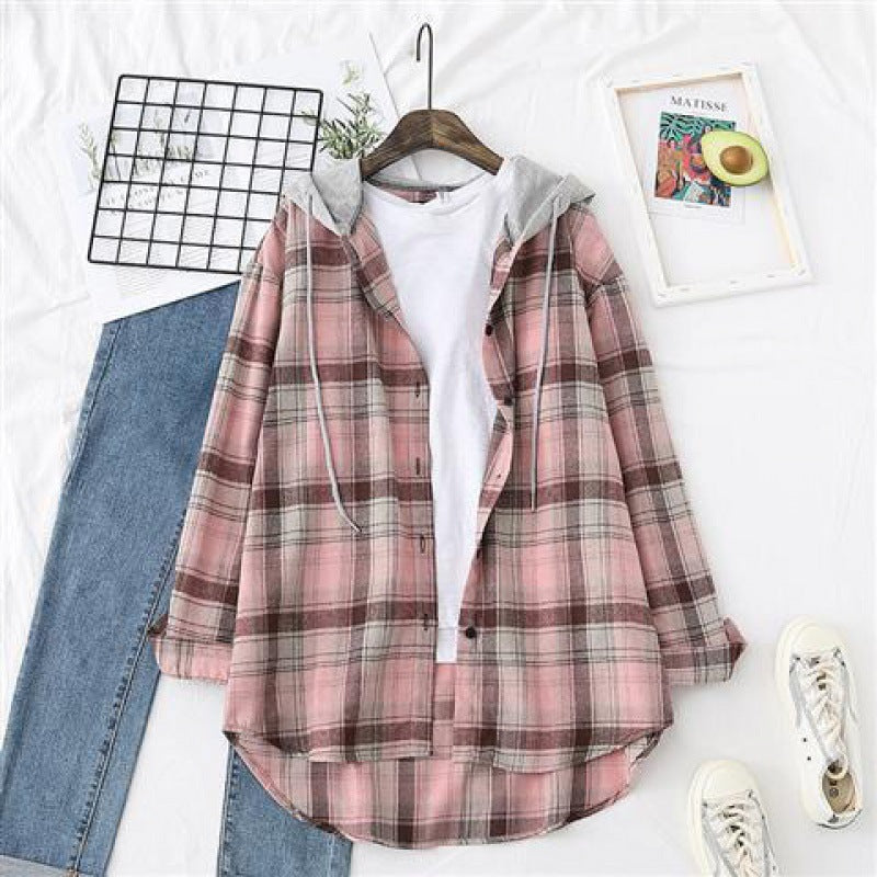 Retro Hong Kong Style Springsummer Autumn Plaid Shirt Women's Loose And Hooded Cardigan Coat