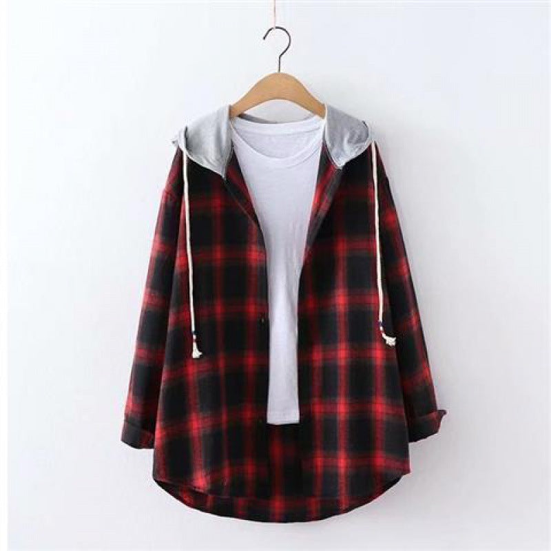Retro Hong Kong Style Springsummer Autumn Plaid Shirt Women's Loose And Hooded Cardigan Coat