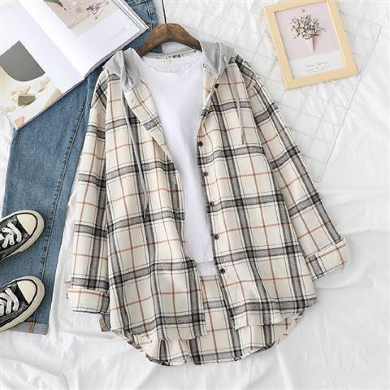Retro Hong Kong Style Springsummer Autumn Plaid Shirt Women's Loose And Hooded Cardigan Coat