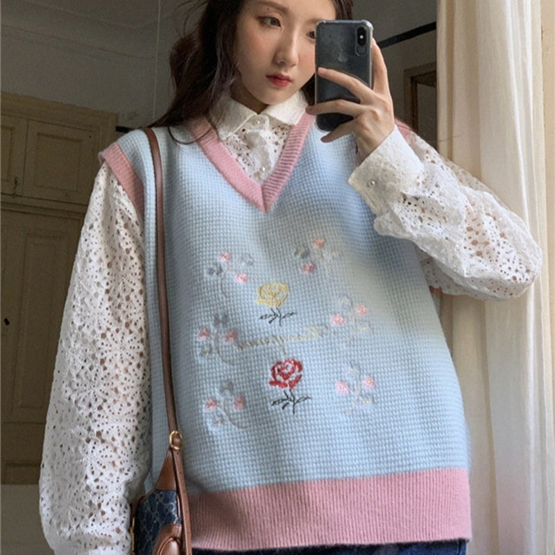 Vintage Small Flower Embroidery Knitted Vest Women