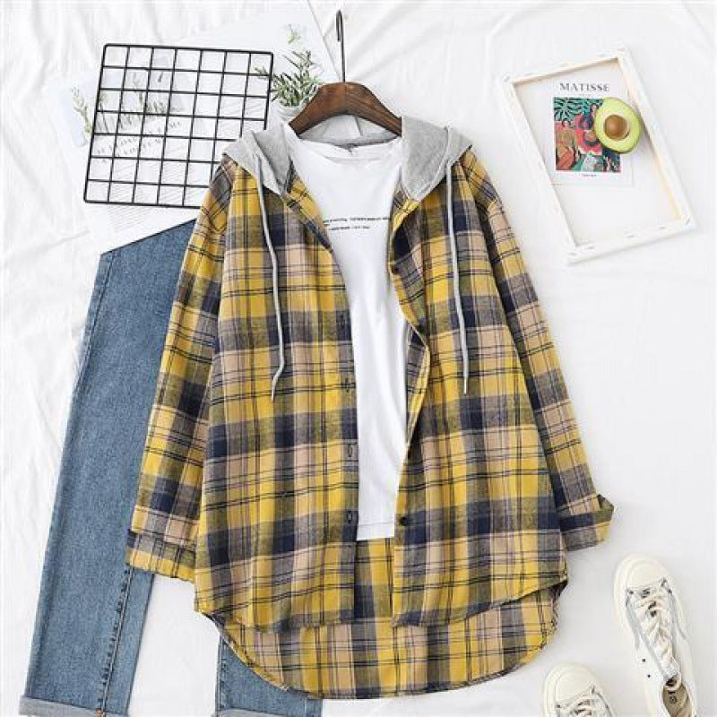 Retro Hong Kong Style Springsummer Autumn Plaid Shirt Women's Loose And Hooded Cardigan Coat