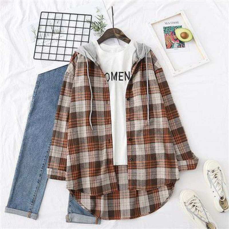 Retro Hong Kong Style Springsummer Autumn Plaid Shirt Women's Loose And Hooded Cardigan Coat