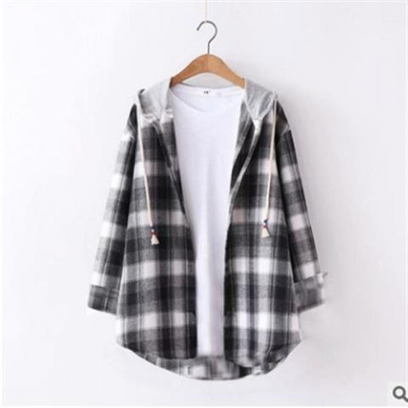 Retro Hong Kong Style Springsummer Autumn Plaid Shirt Women's Loose And Hooded Cardigan Coat