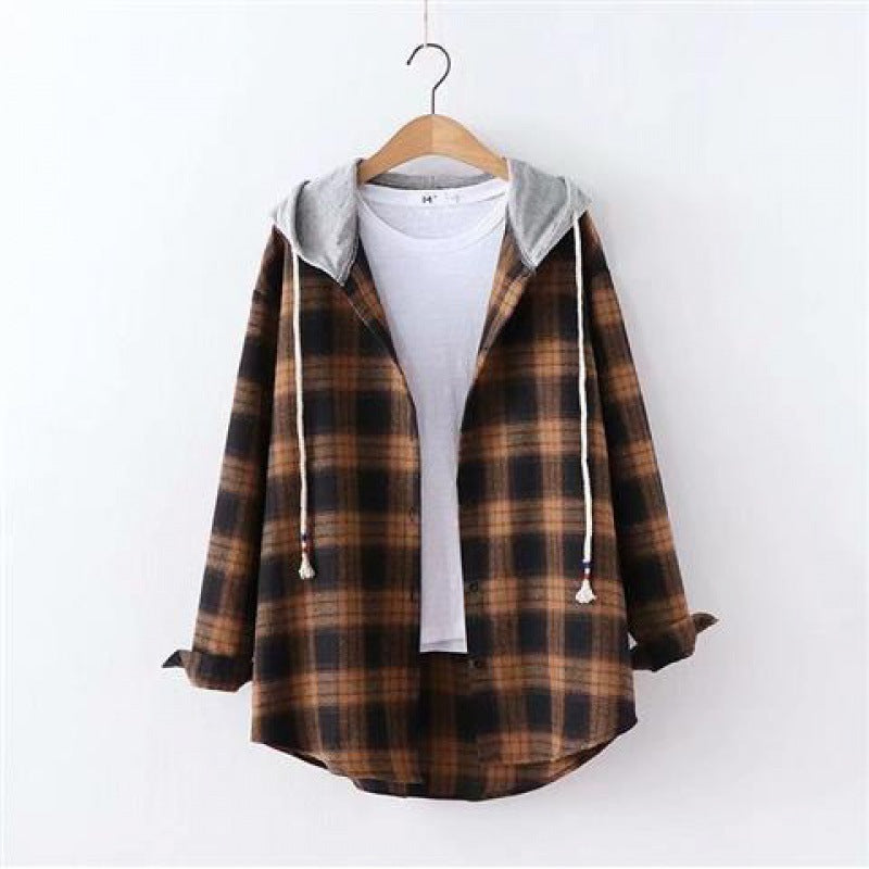 Retro Hong Kong Style Springsummer Autumn Plaid Shirt Women's Loose And Hooded Cardigan Coat