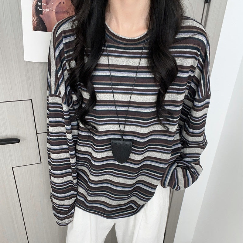 Striped Round Neck Bottoming Shirt Women's Loose T-shirt