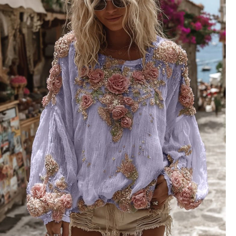 Women's 3D Printed Long-sleeved Shirt Loose All-match High-grade Top