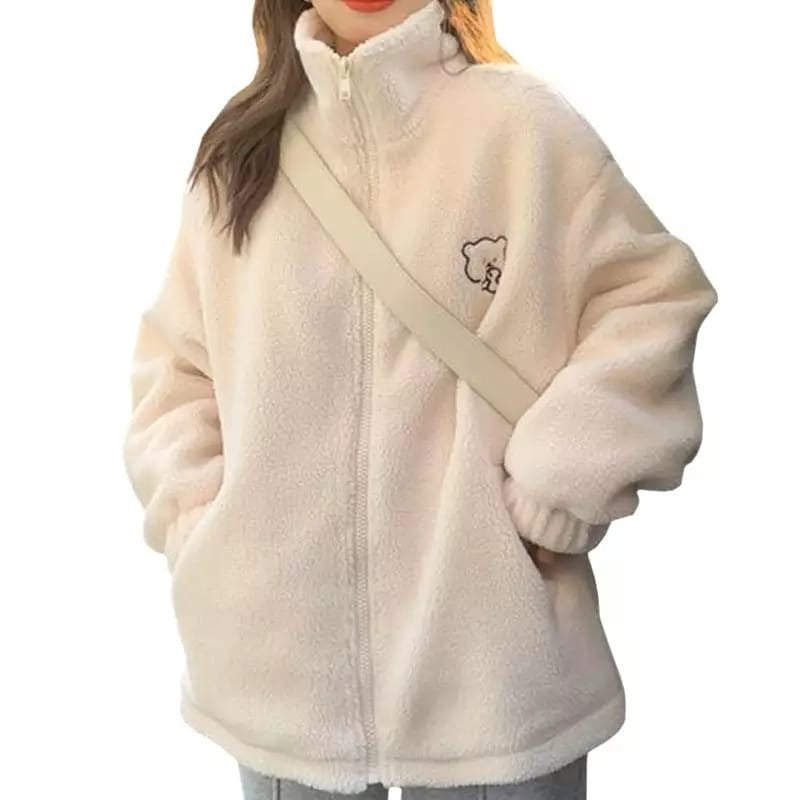 Loose Lapel Lamb Wool Coat For Women Thickened Western Style Cute Bear Plush Top
