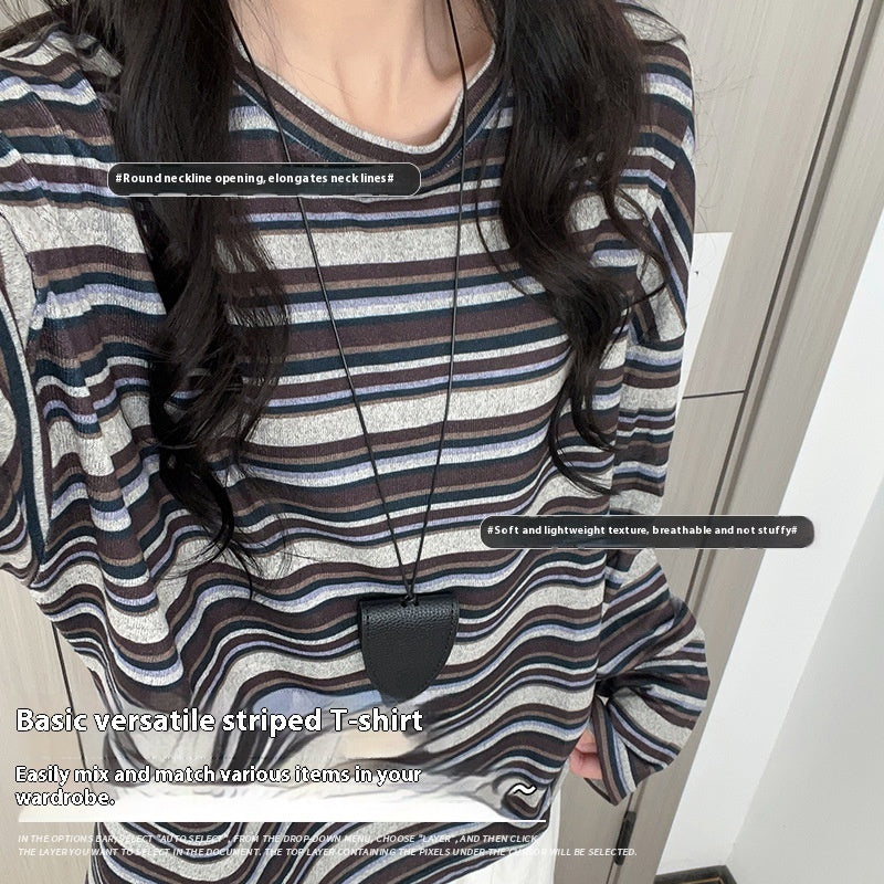 Striped Round Neck Bottoming Shirt Women's Loose T-shirt