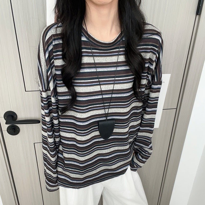 Striped Round Neck Bottoming Shirt Women's Loose T-shirt