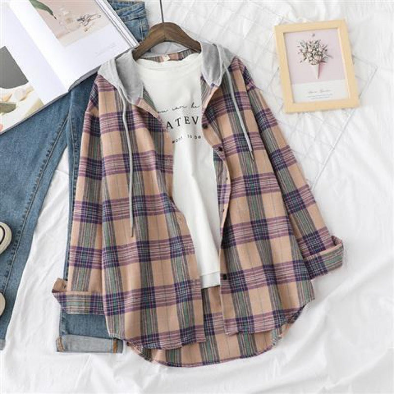 Retro Hong Kong Style Springsummer Autumn Plaid Shirt Women's Loose And Hooded Cardigan Coat
