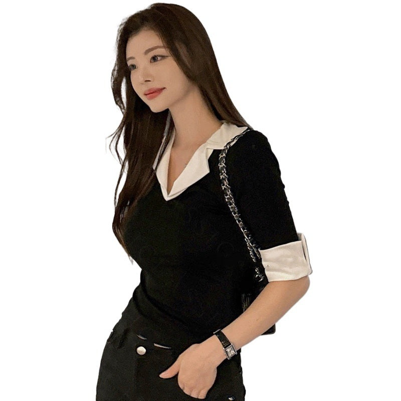 Temperament Wild V-neck Color-block Slim Fit Slimming T-shirt