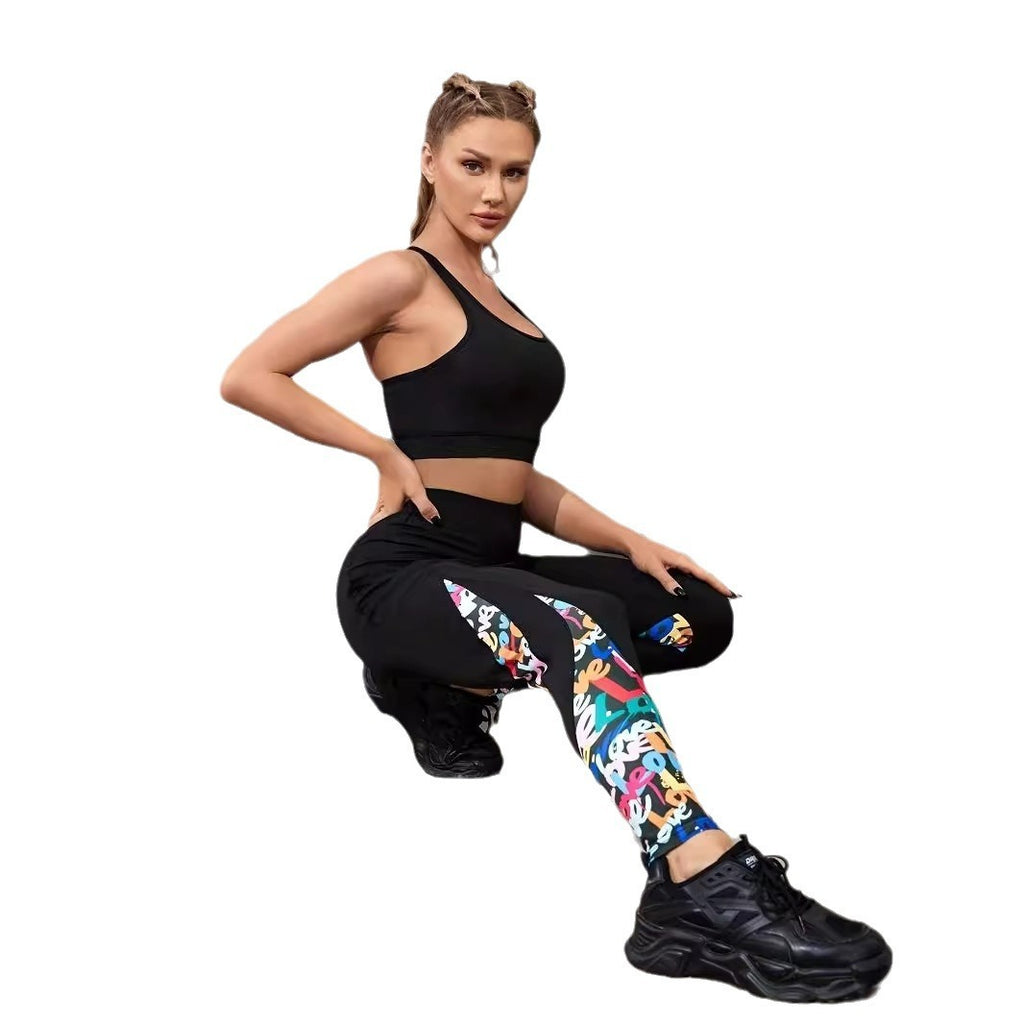Color Contrast Patchwork Fashion Hip Raise High Waist Tight Sports Yoga Pants Leggings