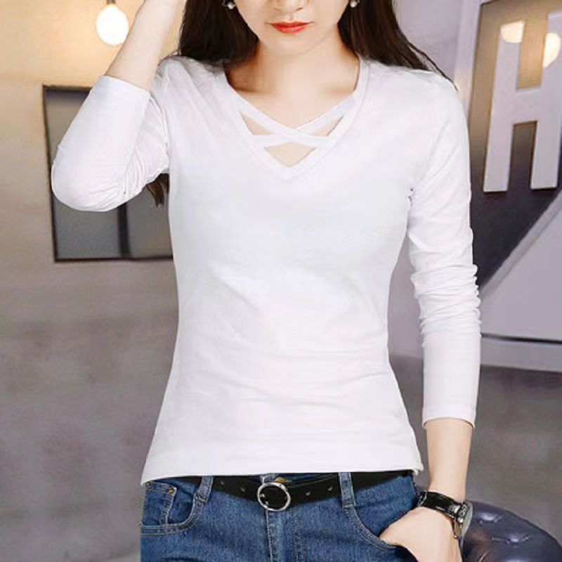 Spring And Autumn Long Sleeve Slim Fit Plus Size V-neck Cross Bottoming Shirt Top For Women