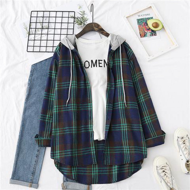 Retro Hong Kong Style Springsummer Autumn Plaid Shirt Women's Loose And Hooded Cardigan Coat