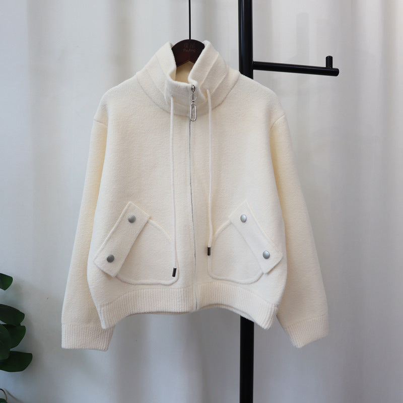 Loose Versatile Zipper Knitted Double-faced Woolen Goods Solid Color Coat For Women