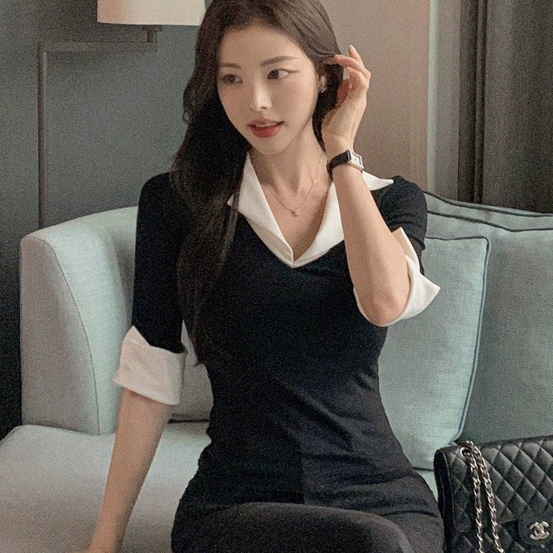 Temperament Wild V-neck Color-block Slim Fit Slimming T-shirt